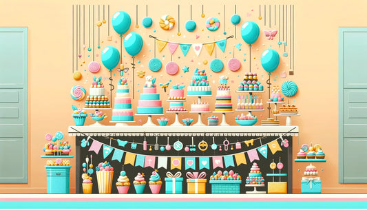 Bilden visar ett modernt och förenklat dessertbord för en baby shower med färgkoordinerade desserter, tematiska symboler och dekorationer, inklusive girlanger och ballonger.