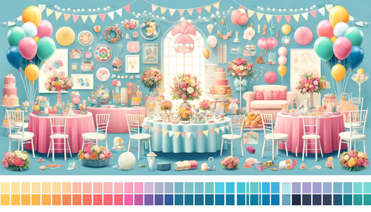 Bilden illustrerar processen att välja ett färgschema för baby shower-dekorationer, inklusive färgprover, dekorerade lokaler och exempel på dekorationer som färgade ballonger, servetter, dukar och blommor. 