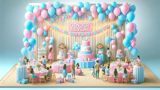 En realistisk, enkel och modern uppsättning för en gender reveal-babyshower med färgkodade dekorationer, symboler som representerar båda könen.