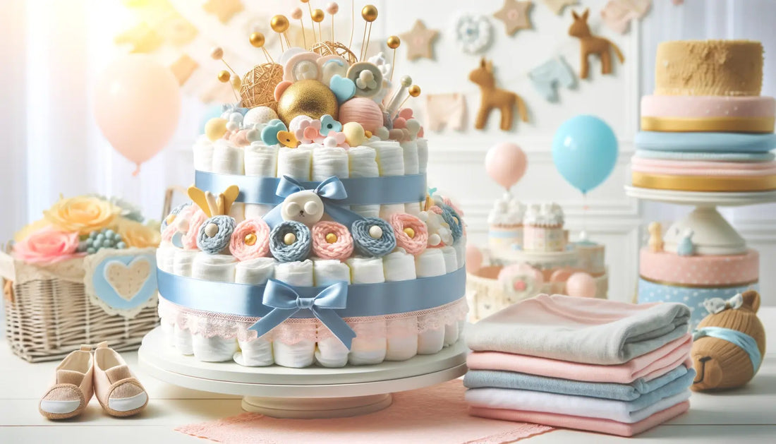bild för en artikel om att förgylla blöjtårtor med rätt tillbehör, med en blöjtårta utsmyckad med en mängd dekorativa och funktionella tillbehör i en stilfull och attraktiv baby shower-miljö.