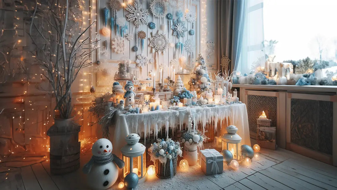 En baby shower med vintertema, med dekorationer av snöflingor och iskristaller, i en varm och inbjudande miljö med vita, blåa och silverfärgade detaljer och mjuka ljus.