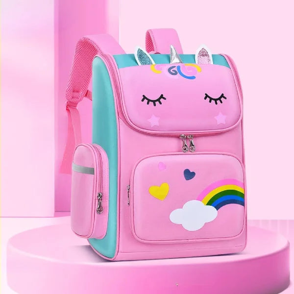 Rosa unicorn ryggsäck för flickor med turkosa detaljer och regnbåge