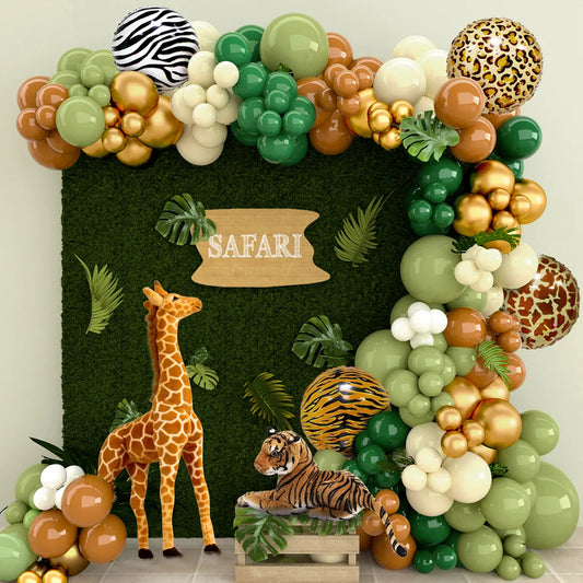 Färgstark Djungel Safari Ballongbåge Kit för baby shower och första födelsedagsfest, med gröna och djurmönstrade ballonger samt folieballonger formade som djur