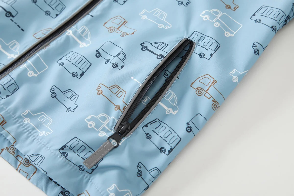 Regnkläder Set för Barn - Ljusblå med Bilar