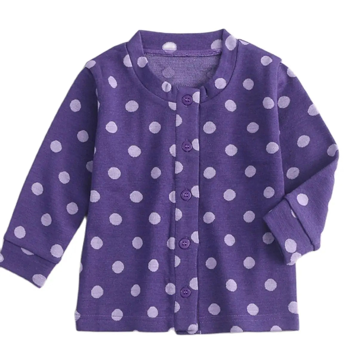 Mysig lila kofta baby merino med prickigt mönster och lång ärm.
