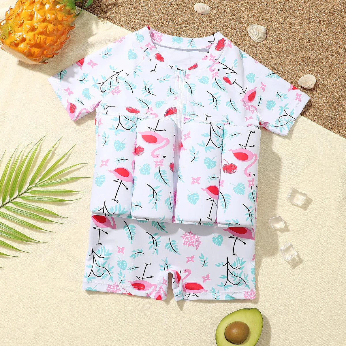 Vit baddräkt med rosa flamingos och flytkuddar för barn