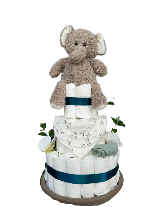 Trevånings handgjord blöjtårta med elefant och haklapp, djup gröna band - perfekt babyshower present