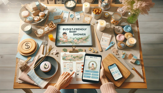 Bild på budgetvänlig baby shower-planering med handgjorda dekorationer, digitala inbjudningar på en smartphone, och hemlagad mat på ett mysigt köksbord.