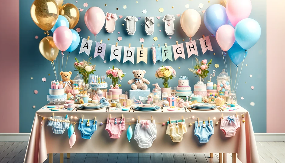 Festlig och kreativ babyshower-bordsdekoration med blöjor, babyleksaker och färgglada ballonger.