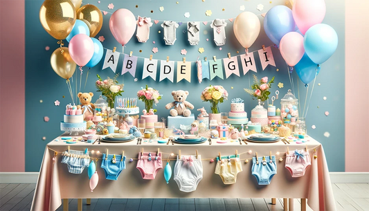 Festlig och kreativ babyshower-bordsdekoration med blöjor, babyleksaker och färgglada ballonger.