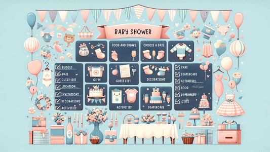 Bild som visar nyckelelementen för att planera en baby shower, inklusive budget, datum, platsval, gästlista, inbjudningar, mat och dryck, dekorationer, aktiviteter och presenter, i en festlig och varm atmosfär.
