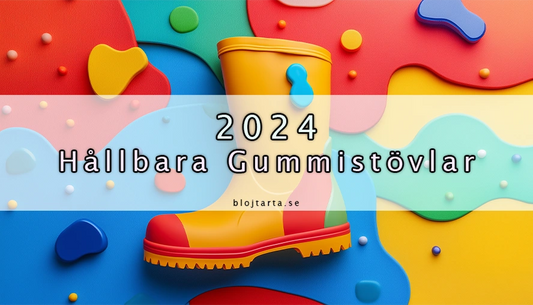 färgrik gummistövel för barn med abstrakta barnvänliga mönster och tillbehör i bakgrunden. Texten 2024 hållbara gummistövlar står på en vit genomskinlig remsa.
