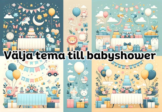 Bilden är indelad i fyra sektioner som visar baby shower-teman i en modern och förenklad stil: ett färgtema, ett djurtema, ett sagotema och ett årstidstema, var och en med distinkta och karaktäristiska element som skapar unika atmosfärer.