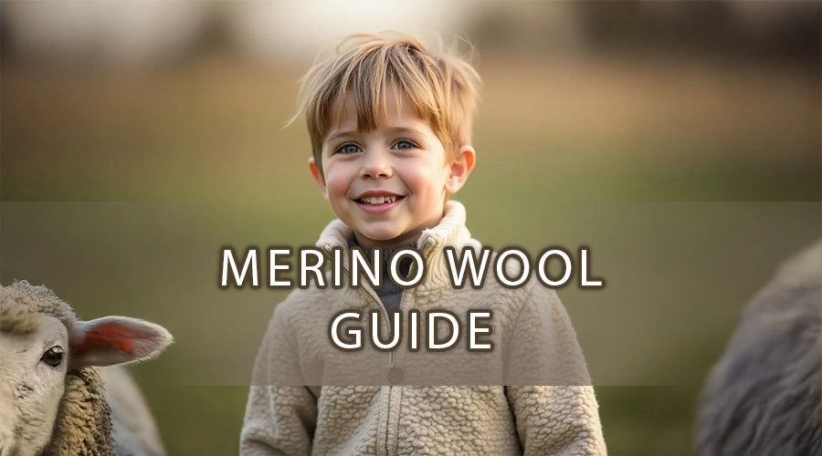 Boy wearing merino wool sweater in nature with merino sheep on his sides, text 'Merino Wool Guide' in the middle.