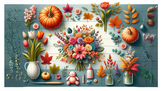 Säsongsmässiga blommor och växter arrangerade för baby shower, inklusive tulpaner, rosor, pumpor och julstjärnor.