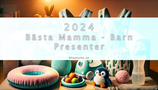 Ekologiska babyprodukter inklusive återanvändbara blöjor med roliga mönster, ergonomisk fruktmatare, bekväm bärsele, stödjande babykudde och färgglada pingvinbadleksaker.