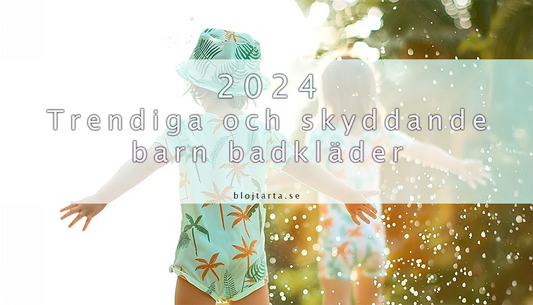 Barn i UV-skyddande badkläder som leker utomhus med titeln 2024 trendiga och skyddande barn badkläder på framsidan av bilden med en vit genomskinlig bakgrund