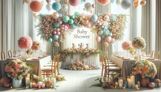 Elegant baby shower decoration with colorful balloons and floral arrangements