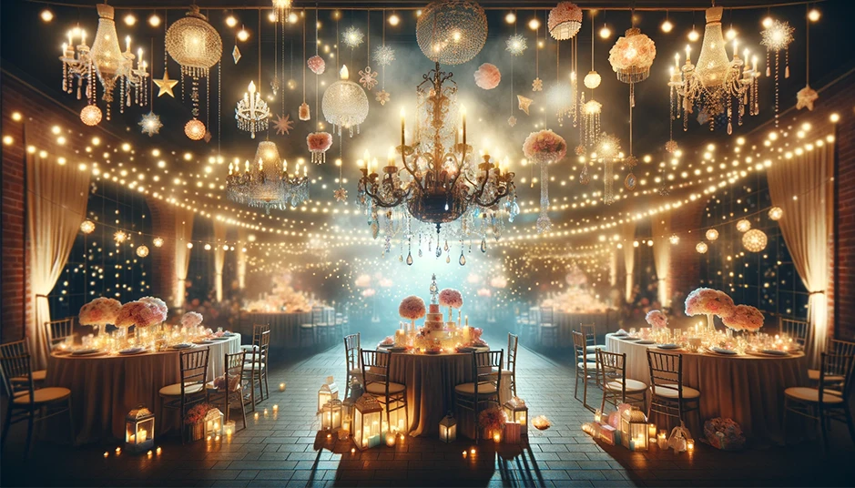 Magisk babyshower-dekoration med kreativ belysning och ljussättning.