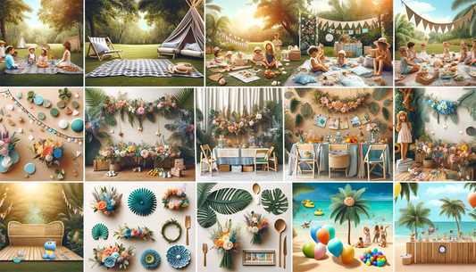 bild som visar en sommar-baby shower med olika aktiviteter och teman: en avslappnad picknick i parken, en skattjakt, en blomsterkrans-workshop, ett vattenballongskrig, samt teman som tropiskt, marint, fruktigt och safari.