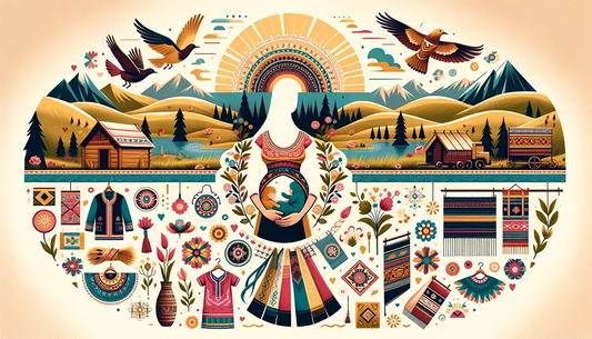 Diversifierad och kulturell babyshower-dekoration med traditionella kläder och symboler.