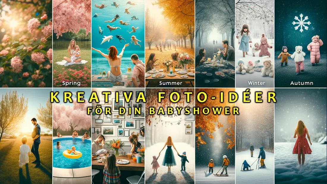 Horisontell kollagebild som illustrerar foto-idéer för baby shower under olika säsonger: vårens blommiga bakgrunder, sommarens utomhusaktiviteter, höstens stämningsfulla bilder med löv, och vinterns glada stunder i snön.