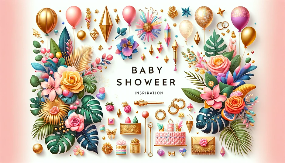Färgglad och elegant babyshower-dekoration med tropiska växter, ballonger och gulddetaljer.