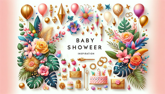 Färgglad och elegant babyshower-dekoration med tropiska växter, ballonger och gulddetaljer.