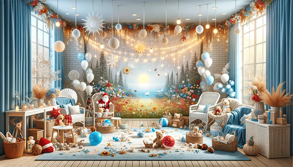Ett rum dekorerat för en babyshower med olika säsongsteman. Rummet är indelat i fyra sektioner som representerar olika årstider.