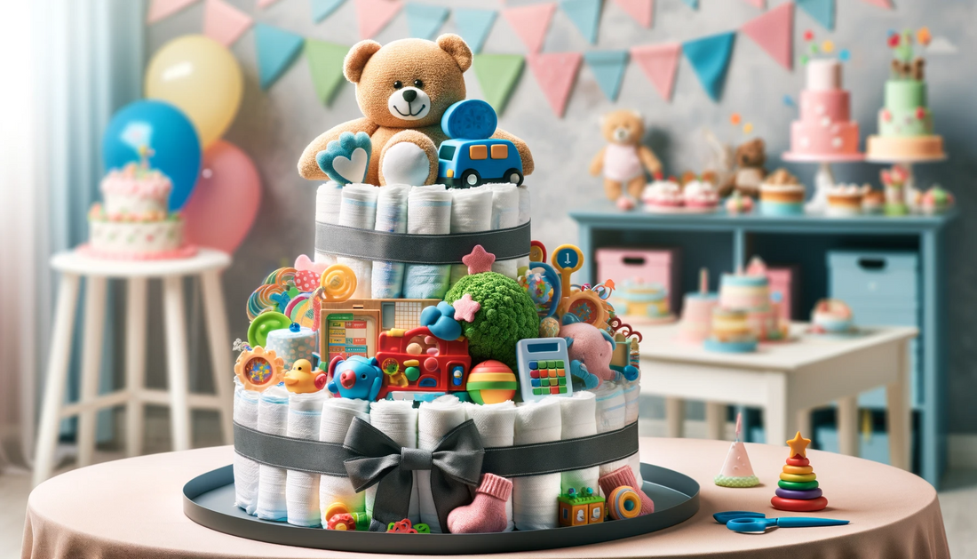Horisontell headerbild för en artikel om kombinationen av blöjtårtor och barnleksaker, med en blöjtårta utsmyckad med pedagogiska leksaker i en lekfull och färgglad baby shower-miljö.