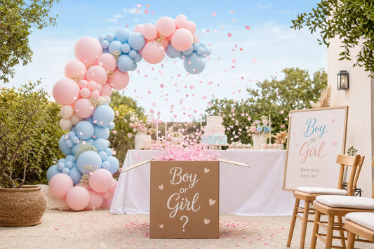 Gender Reveal-fest med ballongbåge i rosa och blått