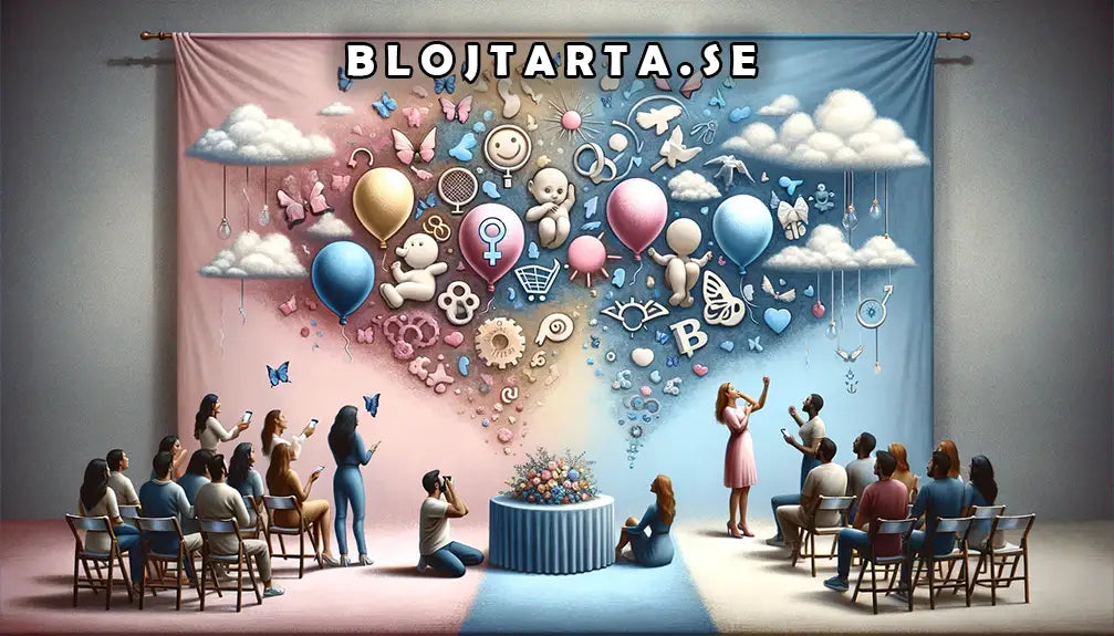 Reflekterande bild på gender reveal-fest med inkluderande färger och sociala medier.