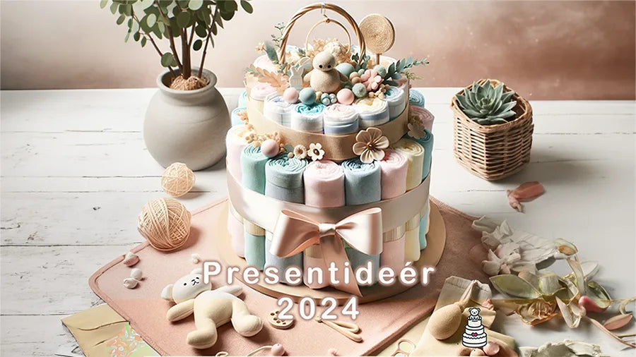 Eco-friendly diaper cake with biodegradable diapers and organic accessories for a baby shower.