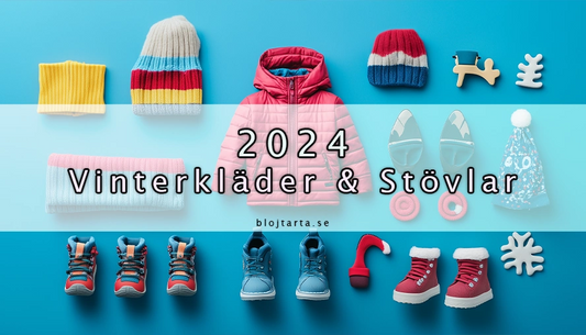 vinterkläder, plagg och stövlar för kyligare dagar är uppradade symmetrisk mot en blå gradient bakgrund. Texten 2024 vinterkläder och stövlar står skrivet på en vit genomskinlig remsa