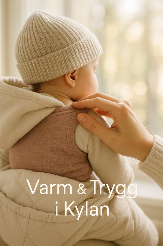 En förälders hand känner varsamt i nacken på en bebis som är varmt klädd för kyla, vilket illustrerar artikeln "Klä Bebis Rätt i Kylan: Den Ultimata Temperatur-guiden".