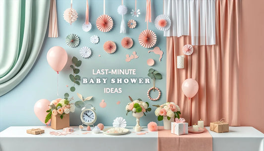 Snabba och festliga dekorationsidéer för babyshower med pappersdekorationer, ballonger och blommor.