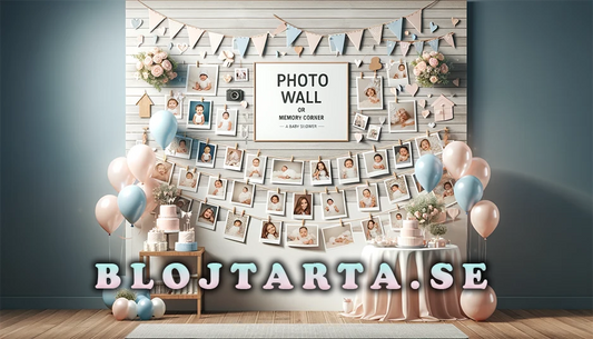 Kreativ fotovägg för babyshower med bilder, ballonger och personlig text.