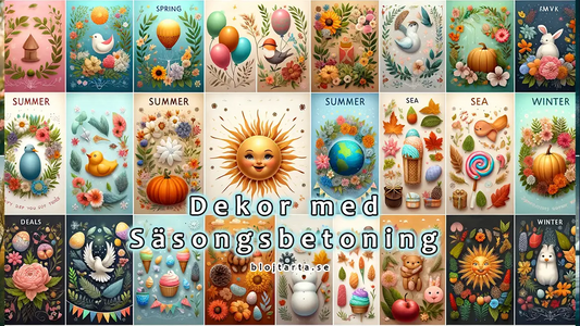 Bild som visar säsongsbetonade inbjudningar och dekorationer för baby shower: vårens blommiga inbjudningar och dekorationer, sommarens soliga och färgglada teman, höstens rika färger med löv och pumpor, och vinterns snöflingor och juldekorationer.
