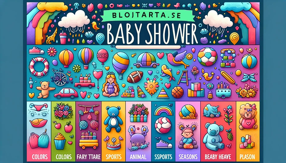 Variation av babyshower-teman med färger, djur, sagor, sport och årstider.