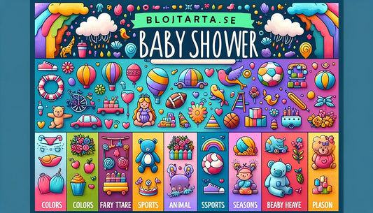 Variation av babyshower-teman med färger, djur, sagor, sport och årstider.