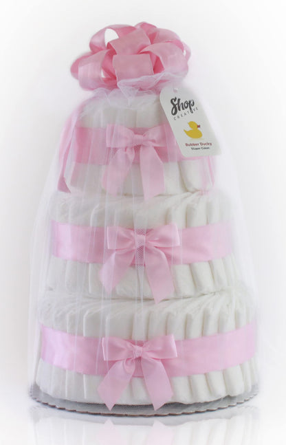 Rosa Blöjtårta med Rosetter – Perfekt Dekoration för Babyshower (3 våningar)