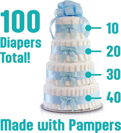 Stor Blöjtårta med Blå Band – Perfekt för Babyshower (4-våningar)