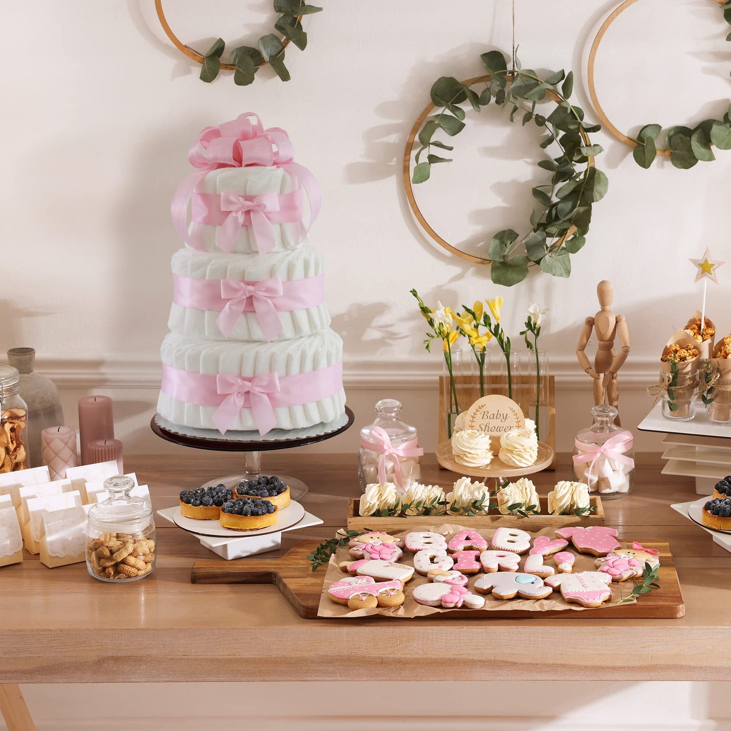 Rosa Blöjtårta med Rosetter – Perfekt Dekoration för Babyshower (3 våningar)