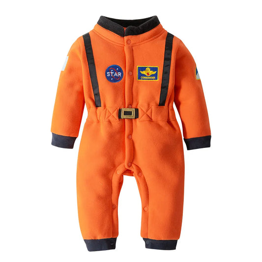 Orange astronautdräkt för baby med rymdmärken och bältesdetaljer