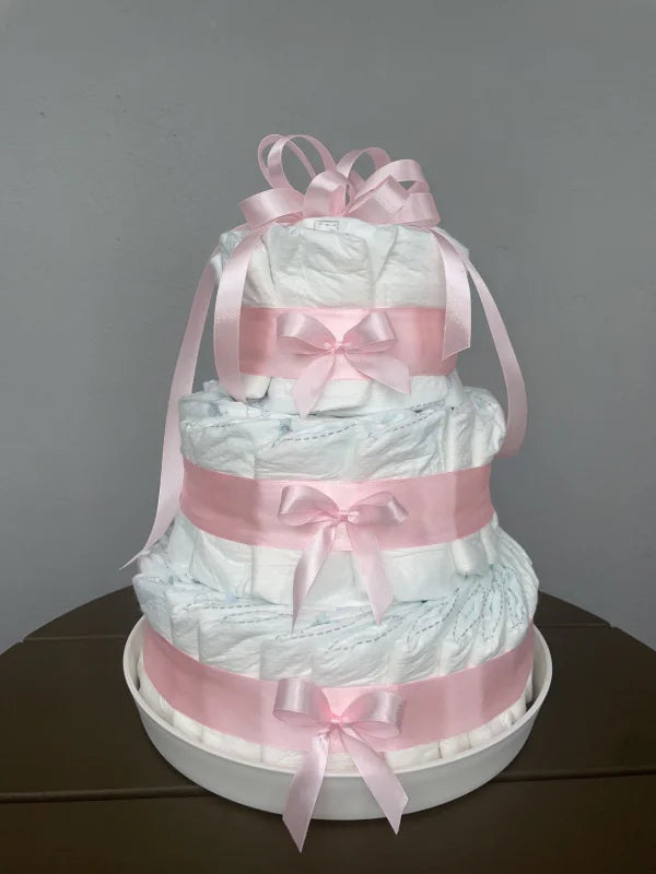 Rosa Blöjtårta med Rosetter – Perfekt Dekoration för Babyshower (3 våningar)