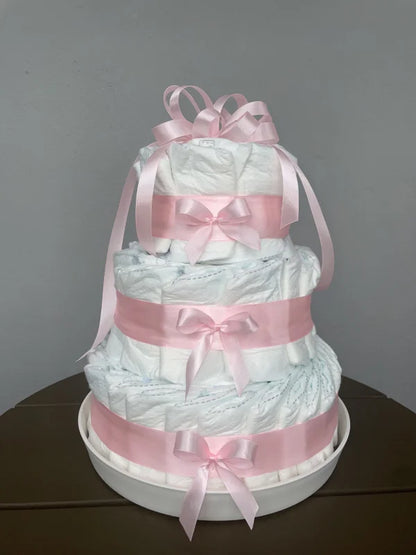 Rosa Blöjtårta med Rosetter – Perfekt Dekoration för Babyshower (3 våningar)