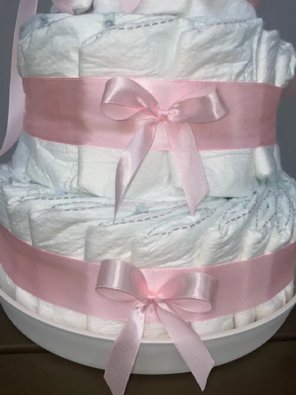 Rosa Blöjtårta med Rosetter – Perfekt Dekoration för Babyshower (3 våningar)