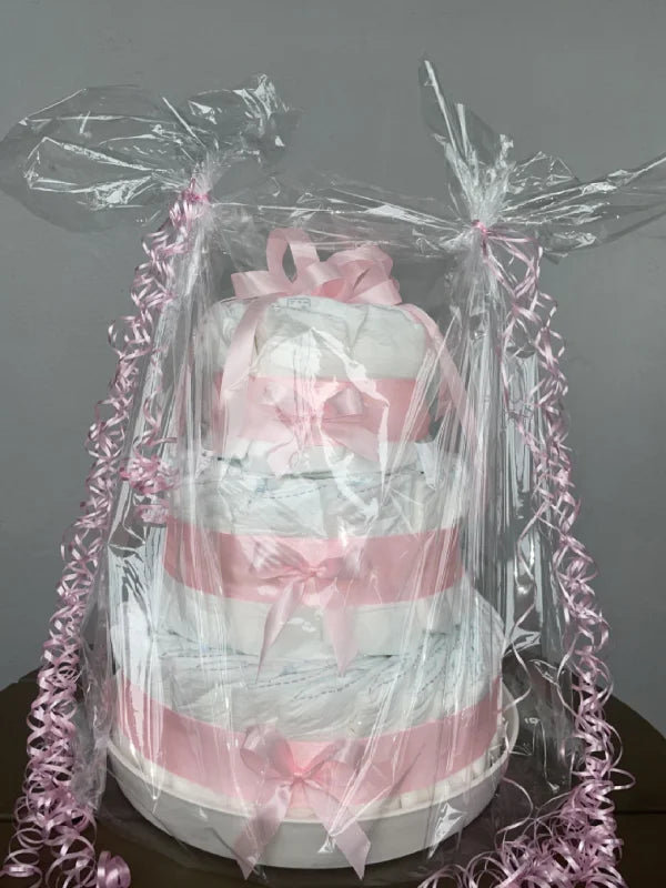 Rosa Blöjtårta med Rosetter – Perfekt Dekoration för Babyshower (3 våningar)