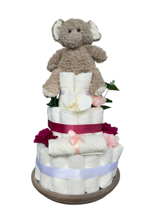 Lyxig blöjtårta med elefantplysch, blöjor och blommor – Perfekt babyshowerpresent