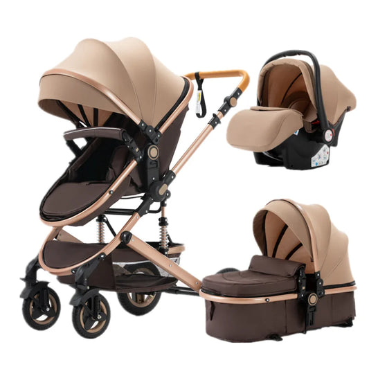 Beige 3-i-1 barnvagn med bilbarnstol och hög landskapsdesign